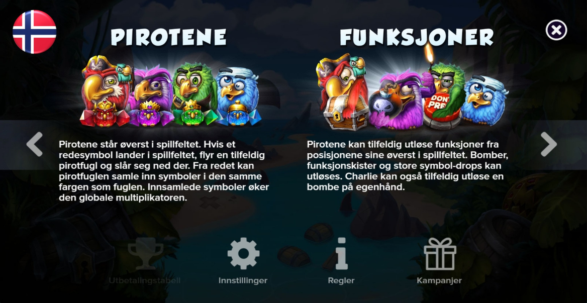 Pirotene og funksjonene Bomb, Donkey og Free Drop